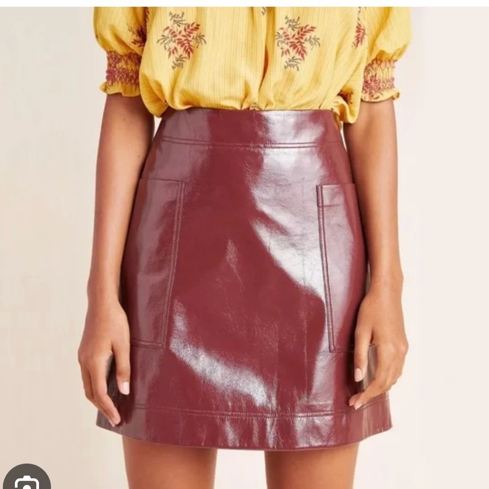 Maeve Anthropologie Faux Patent Leather Skirt Burgundy